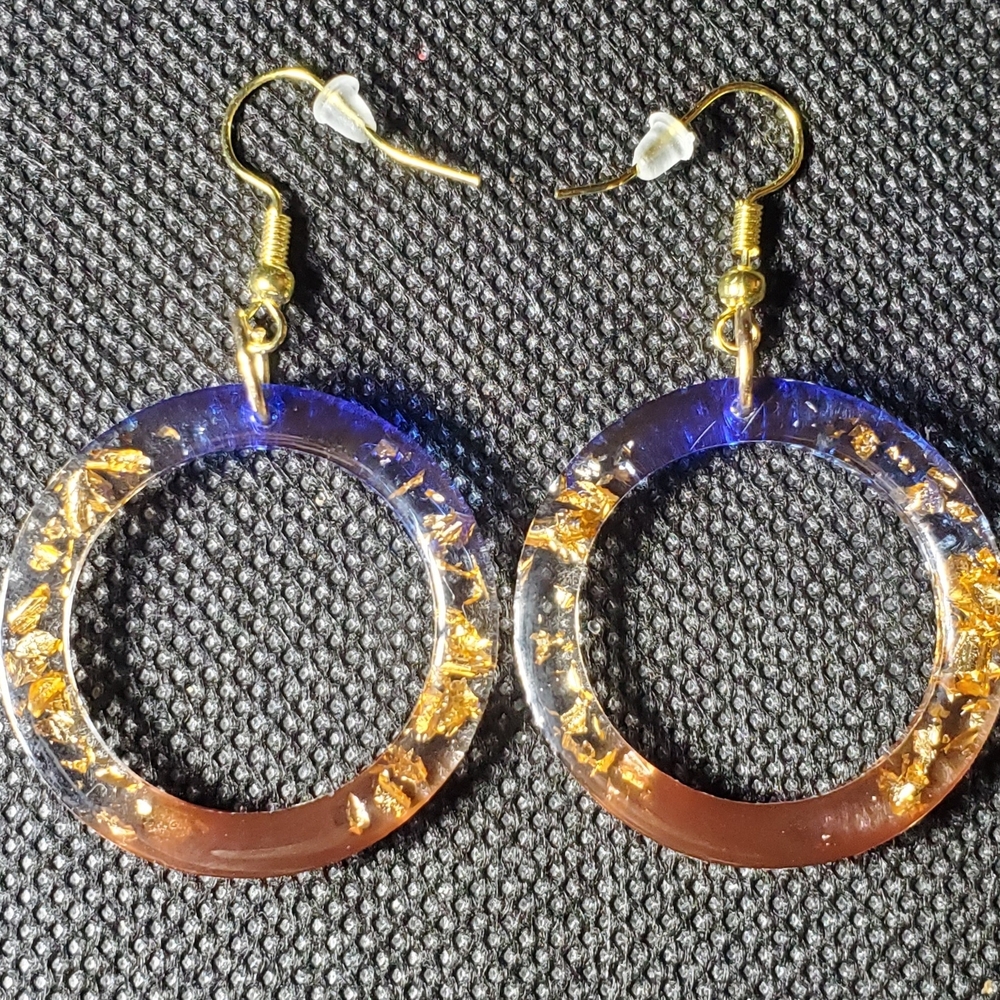 Gold and Blue Resin Hoop Earrings - Picture 5 of 9